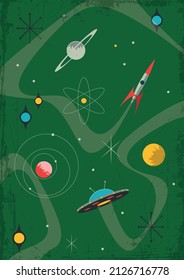 Mid Century Modern Style Space Illustration, Space Rocket, Flying Saucer, Planets and Stars, 1950s - 1960s Style Colors and Shapes