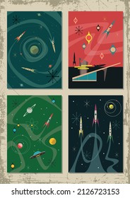 Mid Century Modern Style Space Posters, Space Rockets, Flying Saucer, Planets and Stars, Retro Future Style Illustrations, 1950s Colors and Shapes