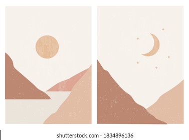 Mid century modern  sun and moon background. Day and night boho landscape, minimalist abstract art