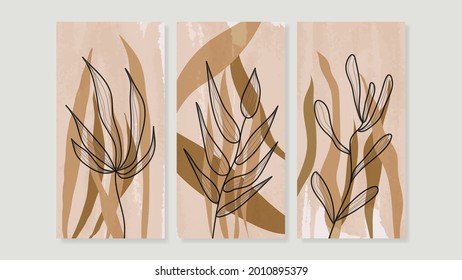 Mid century modern triptych wall art vector. Abstract art background with floral leaves and flower line drawing  and watercolor organic shapes hand paint design for wall decor, poster and wallpaper.