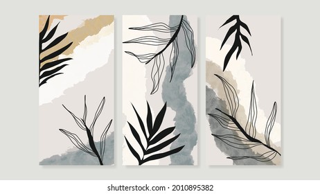 Mid century modern triptych wall art vector  Abstract art background and floral leaves   flower line drawing    watercolor organic shapes hand paint design for wall decor  poster   wallpaper 