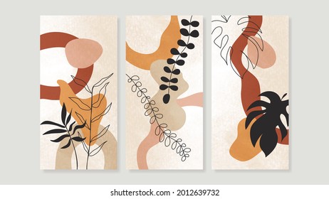 Vector de arte de pared tríptico moderno de mediados de siglo. Resumen de fondo de arte con hojas florales y dibujo de flores y acuarela formas orgánicas de la mano diseño de pintura para la decoración de paredes, afiche y papel pintado.