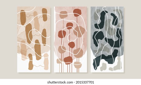 Mid century modern triptych wall art vector. Abstract art background with Natural line drawing  and watercolor organic shapes hand paint design for wall decor, poster and wallpaper.