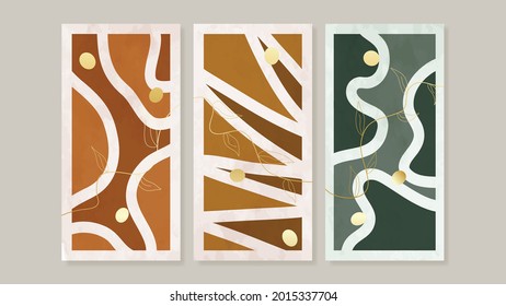 Vector de arte de pared tríptico moderno de mediados de siglo. Resumen de fondo de arte con dibujo de línea natural y acuarela formas orgánicas de pintura a mano para decoración de pared, afiche y papel pintado.