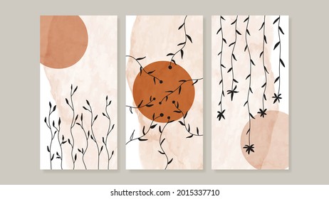 Mid century modern triptych wall art vector  Abstract art background and Natural line drawing    watercolor organic shapes hand paint design for wall decor  poster   wallpaper 