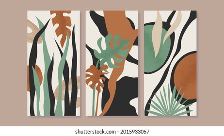 Vector de arte de pared tríptico moderno de mediados de siglo. Resumen de fondo de arte con hojas florales y dibujo de flores y acuarela formas orgánicas de la mano diseño de pintura para la decoración de paredes, afiche y papel pintado.