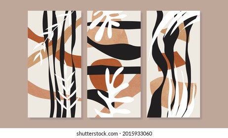 Mid century modern triptych wall art vector. Abstract art background with floral leaves and flower line drawing  and watercolor organic shapes hand paint design for wall decor, poster and wallpaper.