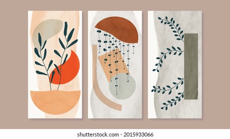 Mid century modern triptych wall art vector. Abstract art background with floral leaves and flower line drawing  and watercolor organic shapes hand paint design for wall decor, poster and wallpaper.