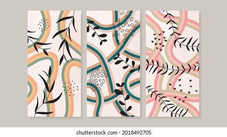 Mid century modern triptych wall art vector  Abstract art background and floral leaves   flower line drawing    watercolor organic shapes hand paint design for wall decor  poster   wallpaper 