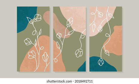 Mid century modern triptych wall art vector. Abstract art background with floral leaves and flower line drawing  and watercolor organic shapes hand paint design for wall decor, poster and wallpaper.