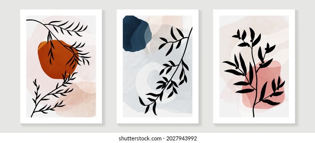 Mid century modern triptych wall art vector. Abstract art background with floral leaves and flower line drawing  and watercolor organic shapes hand paint design for wall decor, poster and wallpaper.