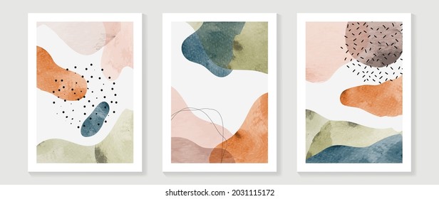 Vector de arte de pared tríptico moderno de mediados de siglo. Fondo de arte abstracto con formas abstractas de dibujo de línea y textura de acuarela. Diseño de pintura manual para la decoración de paredes, afiche y papel pintado.