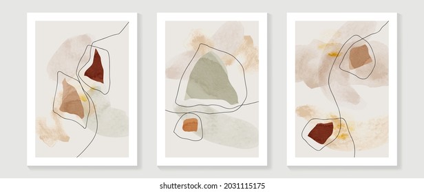 Vector de arte de pared tríptico moderno de mediados de siglo. Fondo de arte abstracto con formas abstractas de dibujo de línea y textura de acuarela. Diseño de pintura manual para la decoración de paredes, afiche y papel pintado.