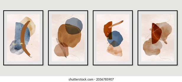 Vector de arte de pared tríptico moderno de mediados de siglo. Fondo de arte abstracto con formas abstractas de dibujo de línea y textura de acuarela. Diseño de pintura manual para la decoración de paredes, afiche y papel pintado.