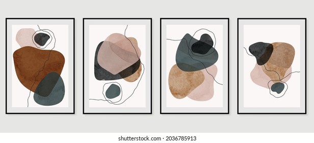 Mid century modern triptych wall art vector. Abstract art background with abstract shapes line drawing  and watercolor texture. Hand paint design for wall decor, poster and wallpaper.