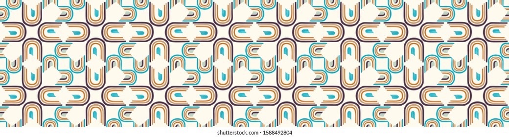  Mid Century Modern Vector Vintage Banner Background. Architectural Archway Trend Shape Pattern Edging. Seamless 1970s Style Retro Fabric Geometric Ribbon Trim Edge. Hip Beige Brown Flat Color EPS 10
