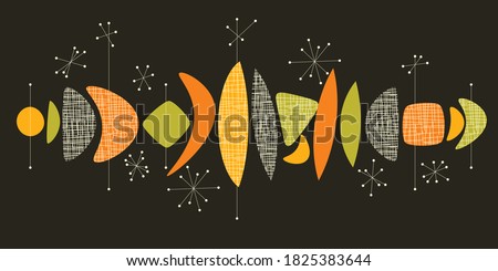 Mid century modern vivid colors abstract composition for card, header, invitation, social posts. Geometric shapes mid-century style elements. 