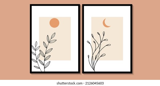 Mid century modern wall art vector. With geometric shapes, sun, tropical leaves in mid century modern style. Set of Abstract Creative Minimalist Illustrations. 