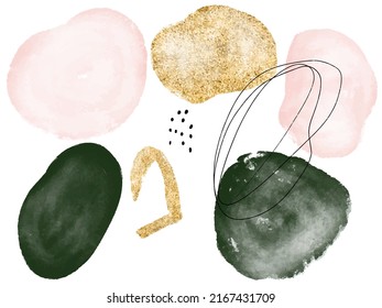 Mid century modern wall art element. Watercolor abstract art gold, green, pink. Organic shape and line. Contemporary scandinavian art for decor, banner, brochure, cover, wallpaper, postcard, card