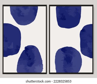 Mid Century Modern Wall Art, Watercolor Abstract Shapes Art, Minimalist Contemporary Prints, Abstract Printable poster set. Watercolor shape in blue, indigo color