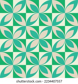 Mid century modern white and mint green geometric leaves seamless pattern on dark green squares. For retro backgrounds, wallpaper, fabric and home décor