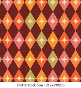 Mid century modern white starbursts on retro diamond shapes in pink, orange, yellow, green and coral on dark red background. For home décor, fabric and textile