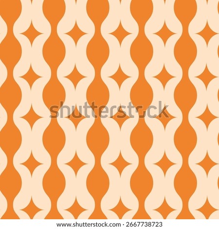 Mid century orange atomic starbursts with ogee shapes on cream background seamless pattern. For wallpaper, home décor and fabric 