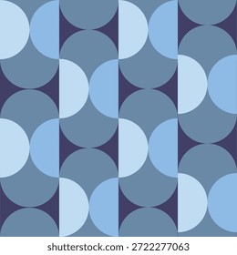 Círculos superpuestos de mediados de siglo y Formas de vieira sin patrón en gris azul, azul claro sobre fondo azul marino apagado. Para el Fondo de pantalla, decoración del hogar y fondos retro. 