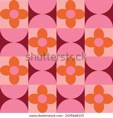 Mid century pink half circles with orange retro flowers on squares seamless pattern. For home décor, wallpaper and wrapping paper 