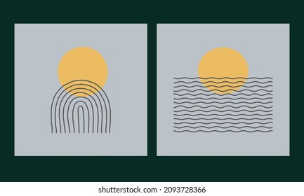 Mid century posters with sun. Abstract vector background.