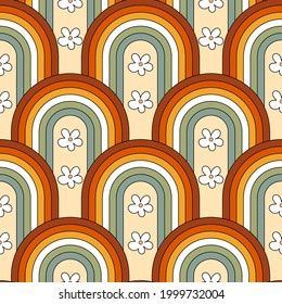 Mid century rainbow illustration pattern in 70s style colors. Retro inspired seamless pattern background for wallpapers, fabric.