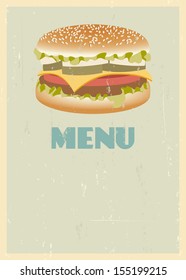 Mid century restaurant menu cover. Retro menu with hamburger. EPS10 blend mode used