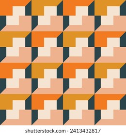 Mid century retro geometric seamless pattern design - square repeat motifs with bright colors orange, beige, and navy blue vector