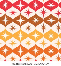 Mid Century Retro Starbursts on ogee seamless pattern in red, orange, brown and amber. For wallpaper, fabric and home décor 