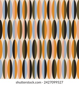 Mid century seamless pattern design vector. Oval shapes repeat motif in brown, blue, orange, green, and black colors.