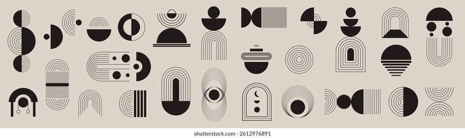 Mid Century Shapes. Set of geometric shapes. Memphis design, retro elements for web, vintage, advertisement, commercial banner, poster, leaflet, billboard, sale.