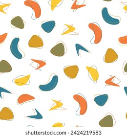 Mid century space age style pattern with abstract shapes on white background