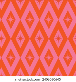 Mid Century starbursts on pink and orange diamond shapes seamless pattern. For wallpaper, textile, home décor and fabric  svg