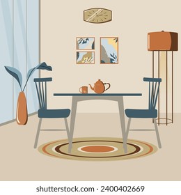 Mid century style dining room interior design in green with dining table, chairs, home plant, kettle, mug, wall gallery, clock and floor lamp. Home interior design flat illustration for your projects