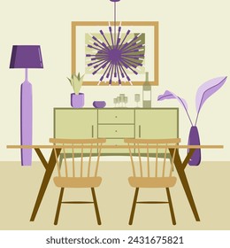 Mid century style dining room interior in green and purple with buffet sideboard, dining table, chairs, ceiling lamp, bowl, home plant, wine bottle and wine glasses. Flat illustration for your project