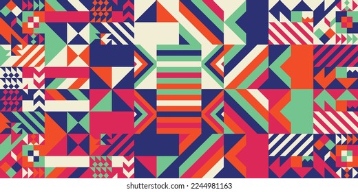 Mid century style geometric seamless pattern. Abstract geometric shapes vector illustration. Textile design background wallpaper. 