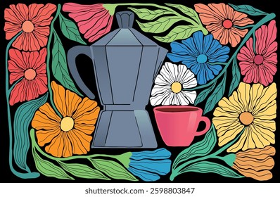 Mid Century style illustration Blooming Flowers, Cup, and Mocha, print art	