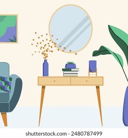 Mid century style interior design in violet and green with consol table, blue armchair, pillow, round mirror, wall poster, home planst, books, table lamp, vase and flowers. Flat style illustration