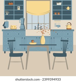 Mid century style kitchen interior design in green with dining table, chairs, flowers in a vase, shelves, sink, faucet, window, curtain, dishes, kitchen equipment. Flat illustration for your projects