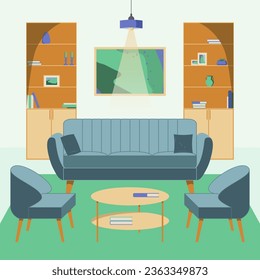 Mid century style living room interior design in violet and green with blue sofa and armchairs, bookcases, ceiling light, wall art, coffe table, shelf decor stuffs. Flat illustration for your projects