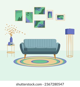 Mid century style living room interior design in violet and green with blue sofa, floor lamp, wall art set, side table, vase, dried flowers, books and decor stuffs. Flat illustration for your projects