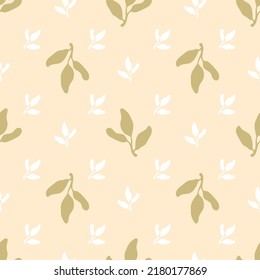 Mid century style seamless pattern with small plant leaves. Simple summer print for tee, fabric, stationery. Hand drawn vector illustration for decor and design.
