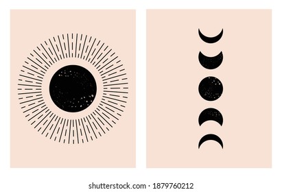 Sun- und Mondset aus dem Mittelalter, skandinavische moderne Kunst, minimale abstrakte geometrische Printmedien, Mondphasen, Vektorgrafik