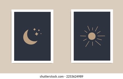 Sol y puesta de luna a mediados de siglo, arte moderno escandinavo, huella geométrica abstracta mínima. La decoración de las paredes de Boho. Ilustración plana vectorial