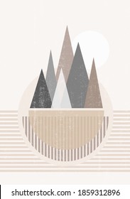 Mid century sunset mountain print boho minimalist printable wall art abstract home decor sun print bohemian art work, vector